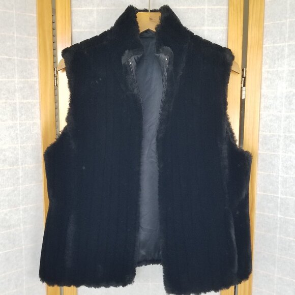 1980s Express Black Faux Mink Vest Zip Up Reversible to Satin Size Medium - Picture 1 of 14